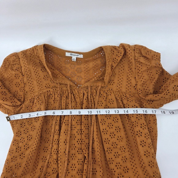 Madewell Eyelet Blouse XS Mustard Yellow Tie Neck Puff Sleeve Boho Eclectic - Picture 6 of 7